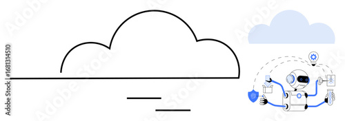 Cloud outline with AI robot handling tasks thumbs up data management, analytics, security, and workflow. Ideal for technology, automation, innovation, cloud services, AI data security workflow