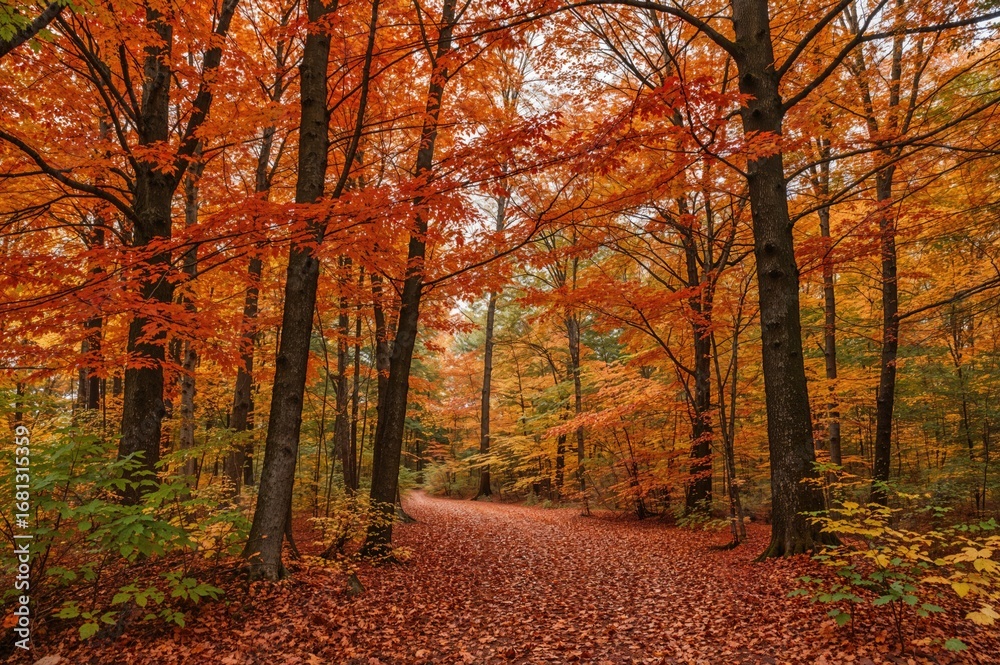 Obraz premium Sunny day in a fall woodland with vibrant orange and red leaves