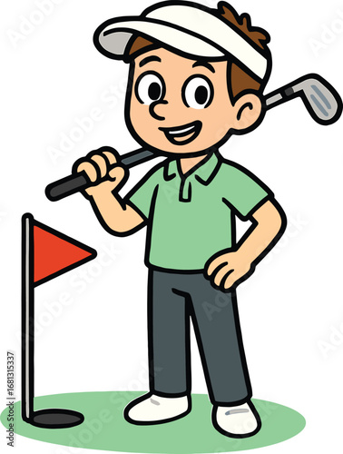 Smiling boy golfer holding a golf club on the green with a hole and flag, ready for the next shot.