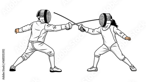 Dynamic Duel: An artistic, black-and-white illustration captures the intensity of a fencing match, two determined figures engaged in a battle of skill and strategy.