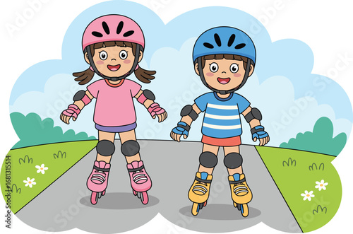 Happy kids wearing helmets and protective gear, rollerblading together on a path in the park on a beautiful sunny day.
