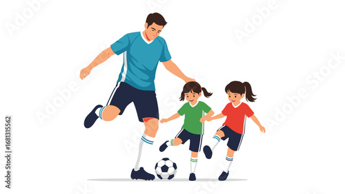 Family Soccer Fun: A vibrant illustration captures the joy of a father teaching his daughters the game of soccer, creating cherished memories through play and active family time.