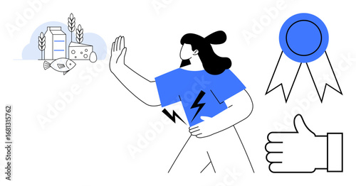 Woman holding stomach and rejecting allergenic foods thumbs up dairy and fish, surrounded by approval badge and thumbs up. Ideal for health, allergy awareness, dietary restrictions, wellness, food