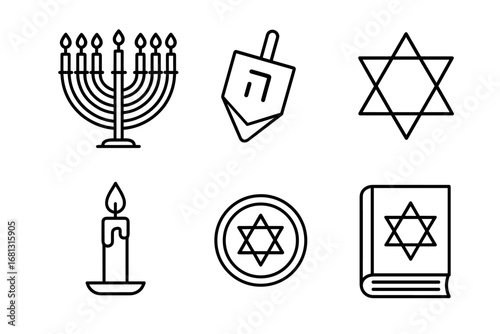 Hanukkah symbols: menorah, dreidel, star of david, candle, and torah line icons