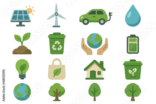 Eco-friendly icons collection: renewable energy, recycling, sustainability, conservation, green living
