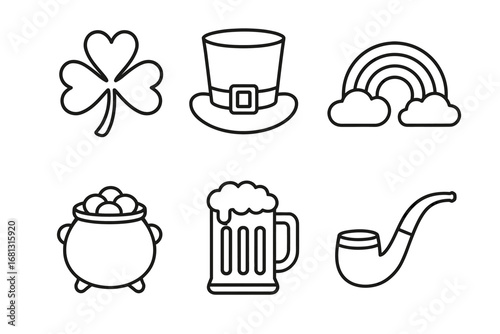 St. patrick's day icons: shamrock, hat, rainbow, and more in black and white