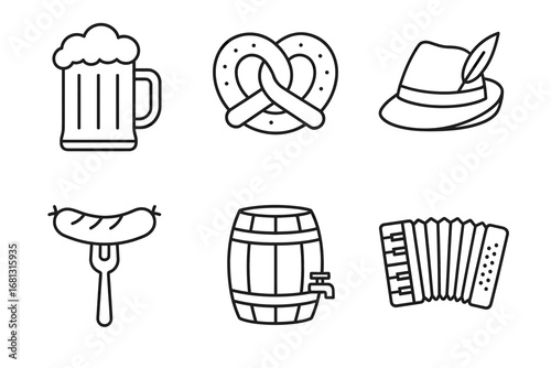 Traditional german icons: beer, pretzel, sausage, barrel, accordion, hat