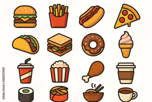 Colorful assortment of fast food icons including burger, fries, pizza, and more