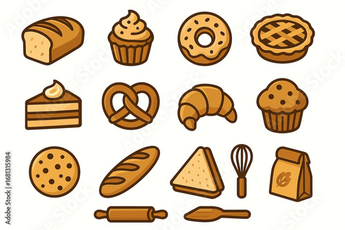 Assorted bakery icons: bread, pastry, donut, pie, cake, pretzel, cookie
