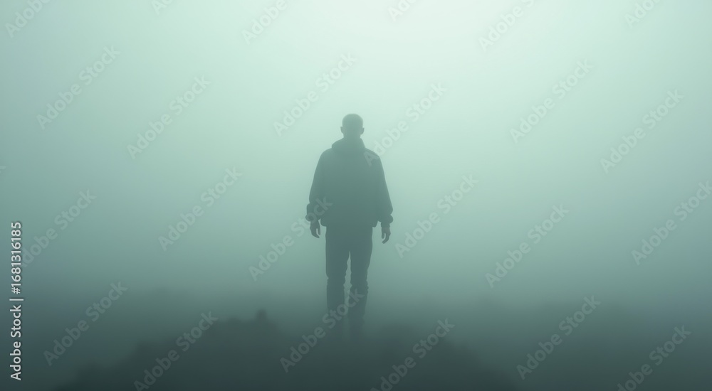 Fototapeta premium Man standing on a hill in the fog