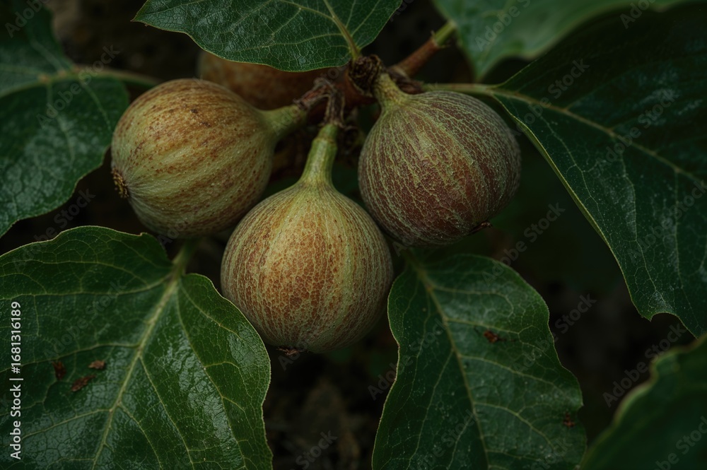 Fototapeta premium Close-up of mature figs hanging on branches with foliage