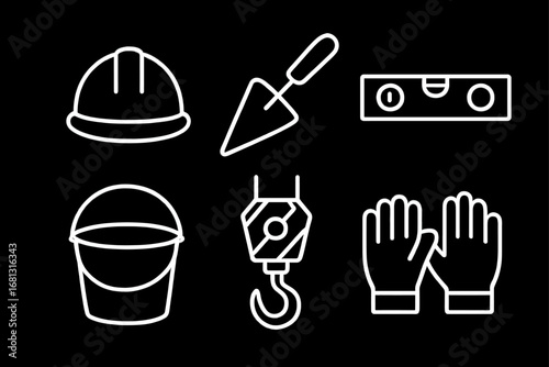Construction icons: hard hat, trowel, level, bucket, hook, gloves