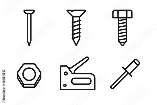 Basic construction tools: nail, screw, bolt, nut, stapler, file icons