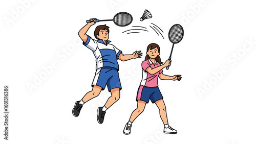 Badminton Match Illustration: Dynamic illustration showcasing two badminton players in mid-action, highlighting the power and precision of the sport.