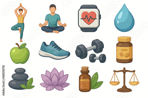 Healthy living icons: fitness, wellness, nutrition, balance, mindfulness