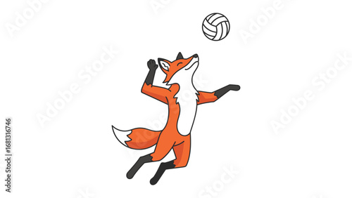 Fox Volley Ball: A charming fox, imbued with vibrant energy, leaps to spike a volleyball with playful precision, showcasing a moment of athletic prowess and youthful exuberance.