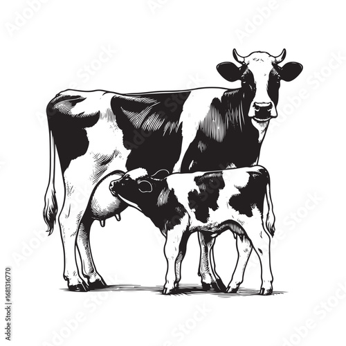 Black and White Vector of Dairy Cow Feeding Milk to Calf – Easy Tracing Farm Illustration