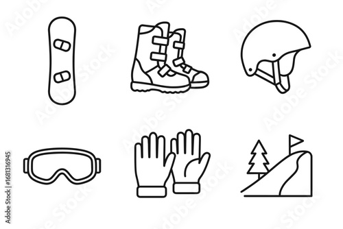 Line art of snowboarding gear: board, boots, helmet, goggles, gloves, slope