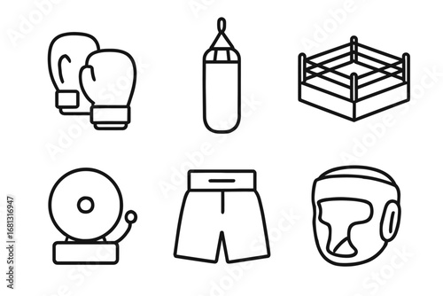 Boxing equipment icons: gloves, ring, headgear, and accessories