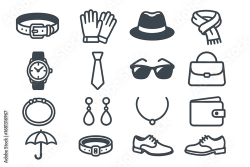 Collection of fashion accessories: hat, gloves, watch, jewelry, wallet, tie, shoes, scarf