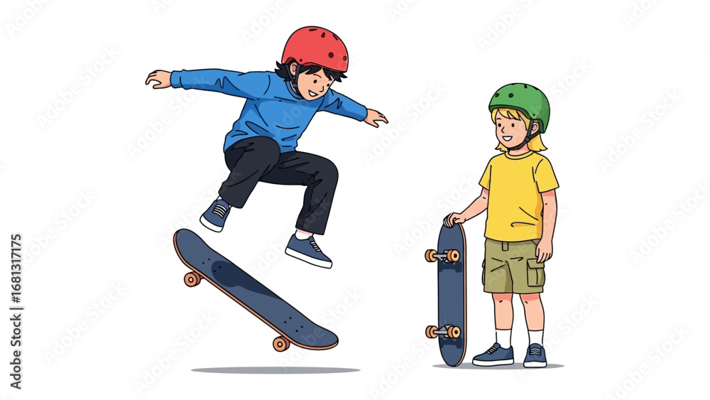 Obraz premium Skateboarding kids in action: A dynamic illustration capturing two young skaters in a vibrant scene, showcasing skill, athleticism, and camaraderie in the world of skateboarding.