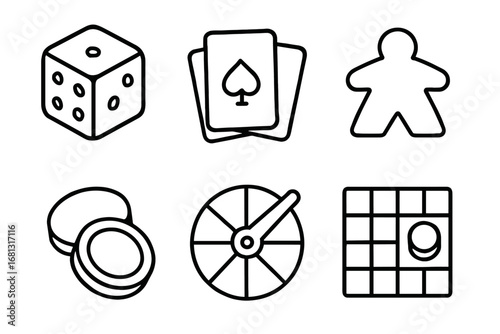 Board game icons set: dice, cards, meeple, chips, roulette, grid