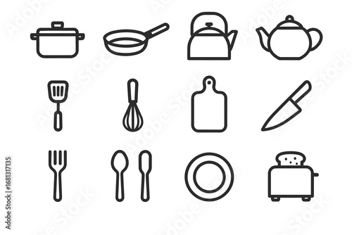 Black and white kitchen utensil icons: pot, pan, kettle, teapot, spatula, whisk, cutting board, knife