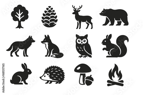 Collection of forest animal silhouettes with tree and campfire icons