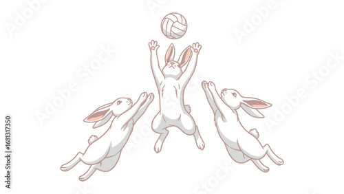Bunny Volleyball Match: Three lively bunnies engage in a playful volleyball game, with one bunny leaping to spike the ball, while the others prepare to receive. A lighthearted and energetic scene.