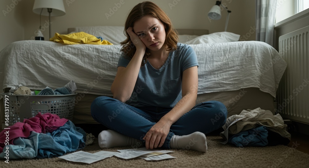 Obraz premium tired young caucasian woman sitting on bedroom floor surrounded by laundry and bills looking stressed