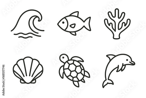 Ocean icons: wave, fish, coral, shell, turtle, dolphin - marine line art