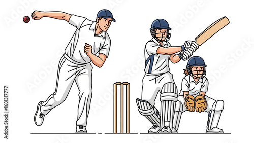 Cricket Action Illustration: A dynamic illustration captures the key moments of a cricket match, featuring a bowler in action, a batsman poised to strike, and a wicketkeeper ready to make a catch.