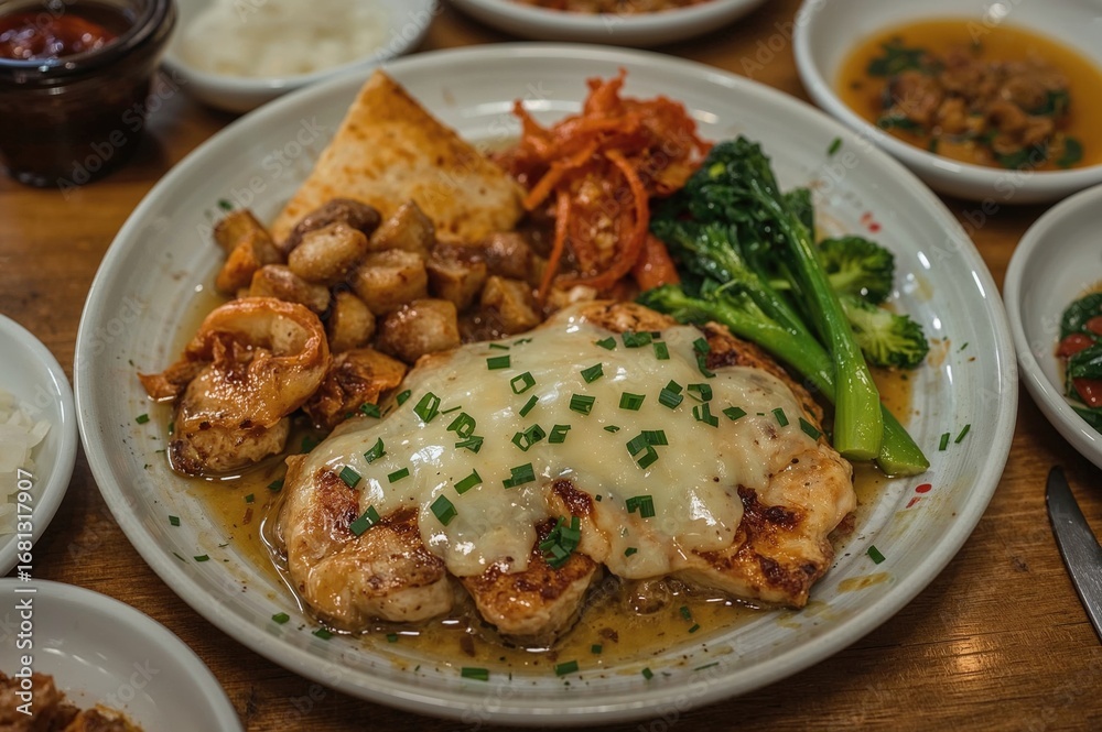 Fototapeta premium A delectable dinner spread featuring juicy chicken, assorted vegetables, melted cheese, and savory pork flavors served at the table