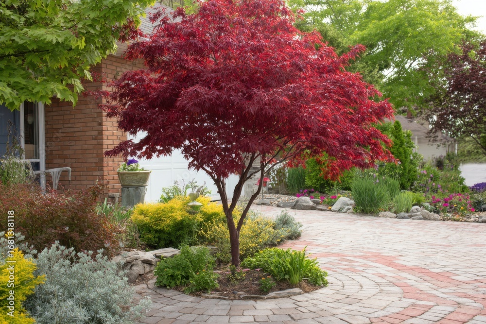 Naklejka premium Vibrant red maple tree stands prominently in a beautifully landscaped garden during spring, showcasing colorful flowers and lush greenery near a stone pathway