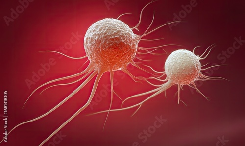 Two white cells with long, spidery tendrils against a deep crimson backdrop