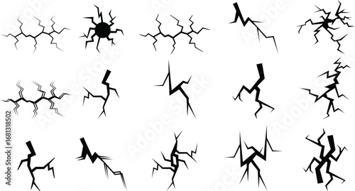 "Broken crack floor icon set representing structural damage, symbol of destruction fracture, minimal black vector design showing cracked surface, abstract shattered ground effect for industry themes,