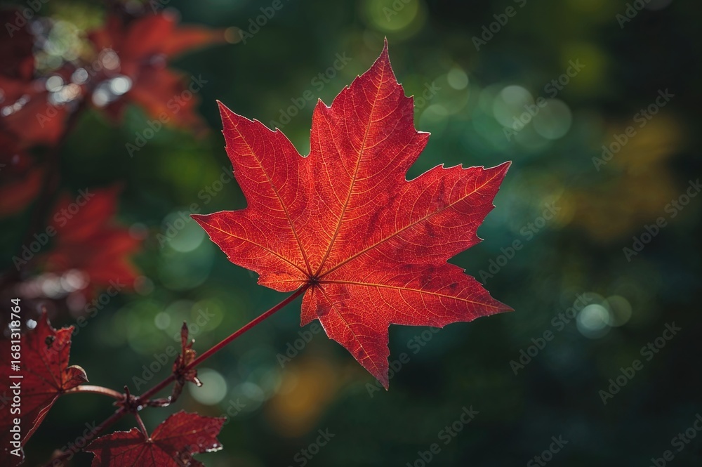 Fototapeta premium Extreme close-up of a crimson leaf surrounded by a soft-focused garden scene