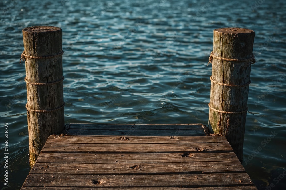 Fototapeta premium Boat dock on a lake featuring pilings and coiled rope