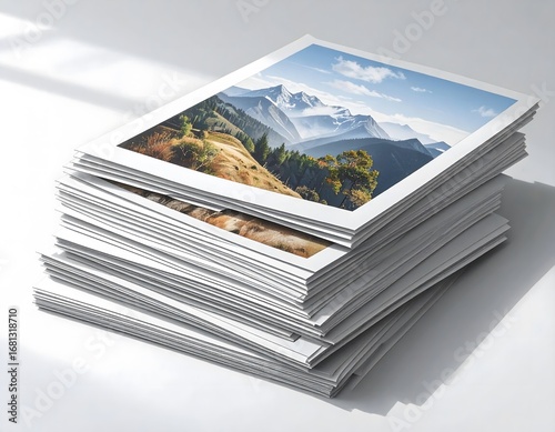 A stack of printed photo paper is neatly arranged on a clean white background