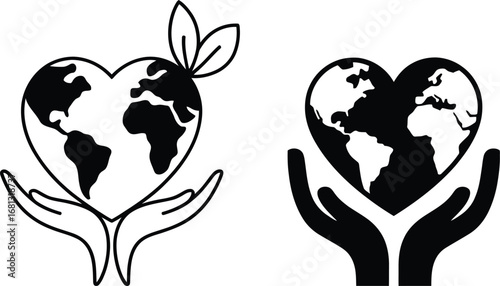 Two hands holding a heart shaped earth with leaves and a solid heart shaped earth
