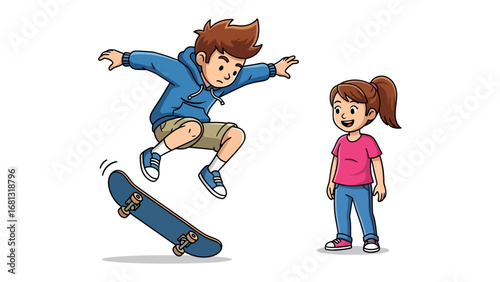 Skateboard Freestyle: A young boy showcases his skateboarding skills with an aerial stunt, observed admiringly by a companion, celebrating youth, freedom, and outdoor fun.
