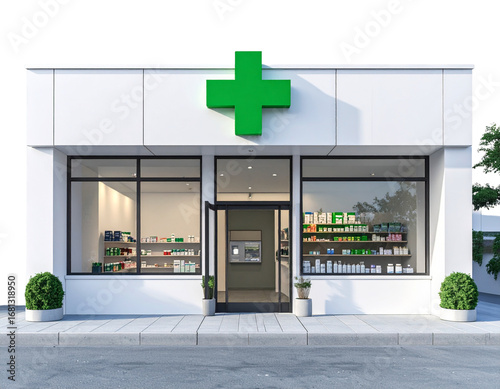 3D Pharmacy Storefront Icon with Green Cross Sign, Isolated on Transparent PNG