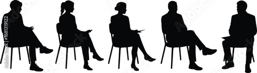 Business meeting silhouettes, seated professionals, interview panel, corporate discussion, formal attire, teamwork concept, communication scene, workplace interaction, office group
