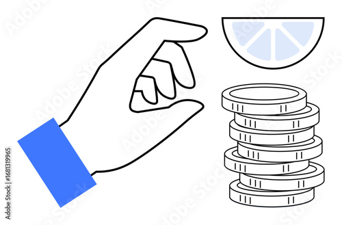Hand gestures near lemon slice and coin stack suggesting effort, savings, and resourcefulness. Ideal for finance, budgeting, saving, investment, strategy, resource management and minimalism