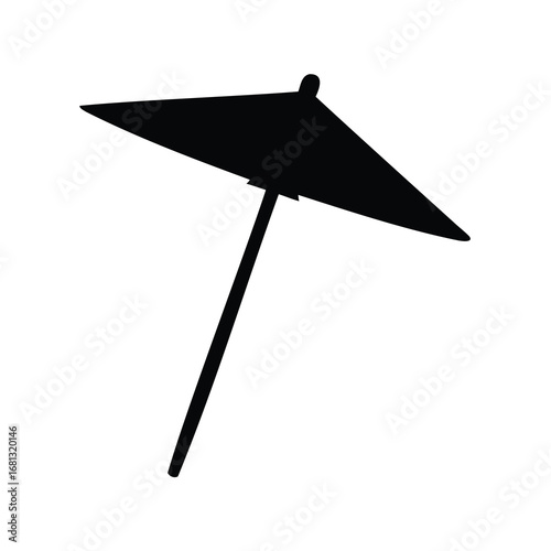 Black silhouette of tropical cocktail umbrella - Minimal black silhouette of a cocktail umbrella with angled canopy, symbolizing drinks, bar culture, summer parties, beach vibes, and celebration.
