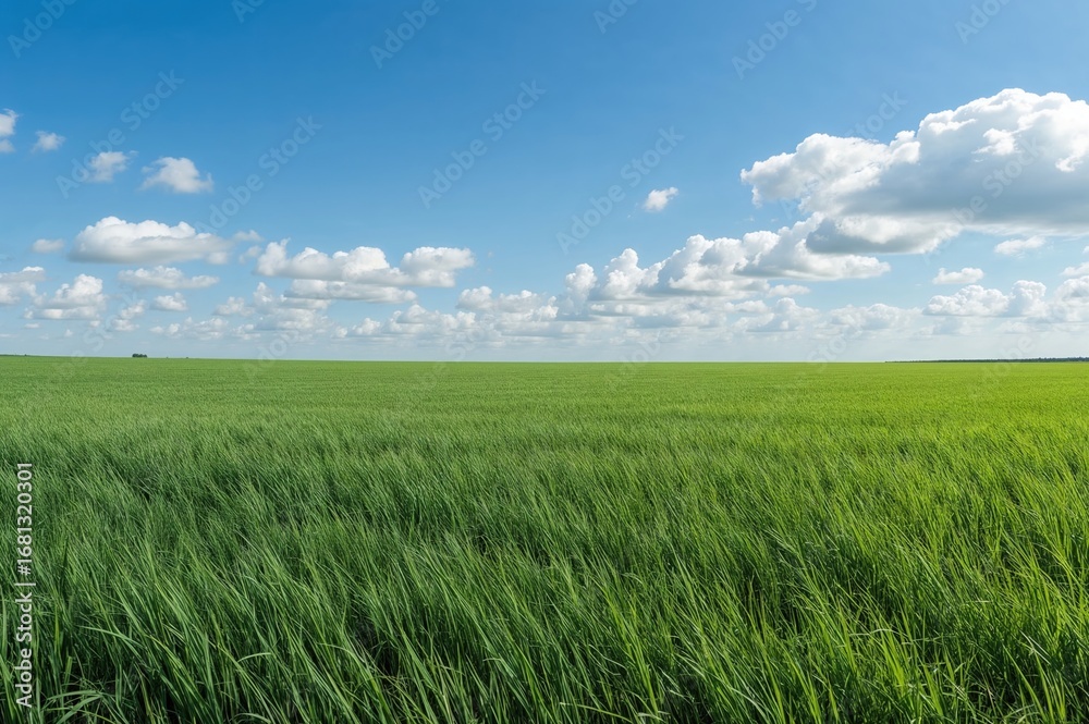 Fototapeta premium Scenery featuring lush green fields under a cloudy blue sky