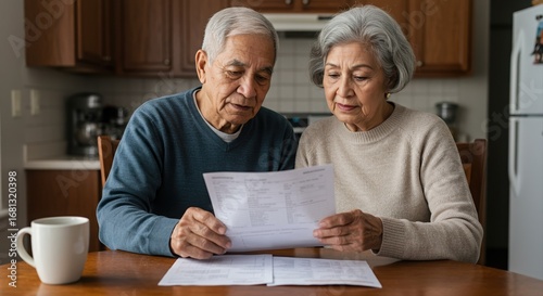 elderly couple reviewing financial documents at kitchen table with coffee in cozy home environment