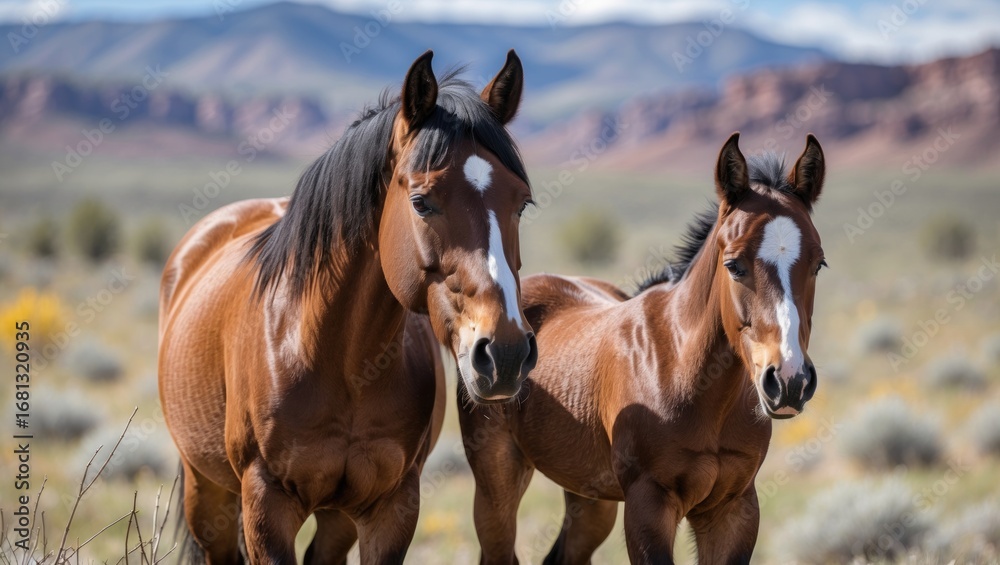 Naklejka premium A Wild Mare and Foal Enjoying Spring