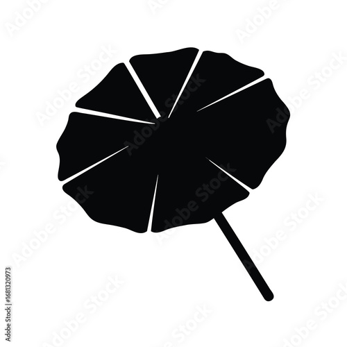 Black silhouette of cocktail drink umbrella - Minimal black silhouette of a decorative cocktail umbrella viewed from above, symbolizing tropical drinks, summer parties, bar culture, and celebration.
