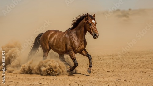 Untamed horse running through dust